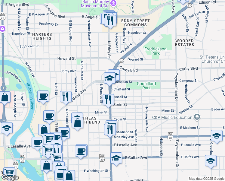 map of restaurants, bars, coffee shops, grocery stores, and more near 1106 Chalfant Street in South Bend