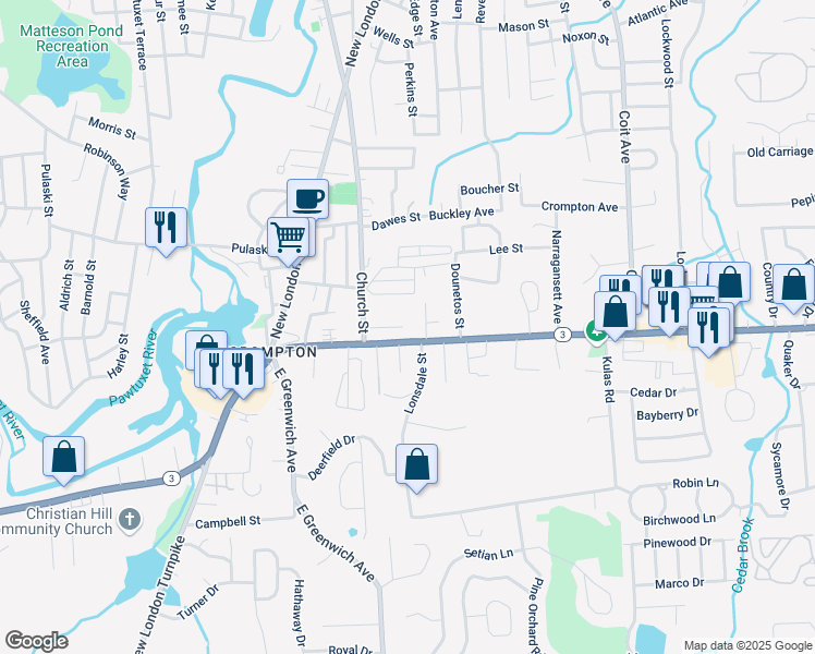 map of restaurants, bars, coffee shops, grocery stores, and more near 94 Cowesett Avenue in West Warwick