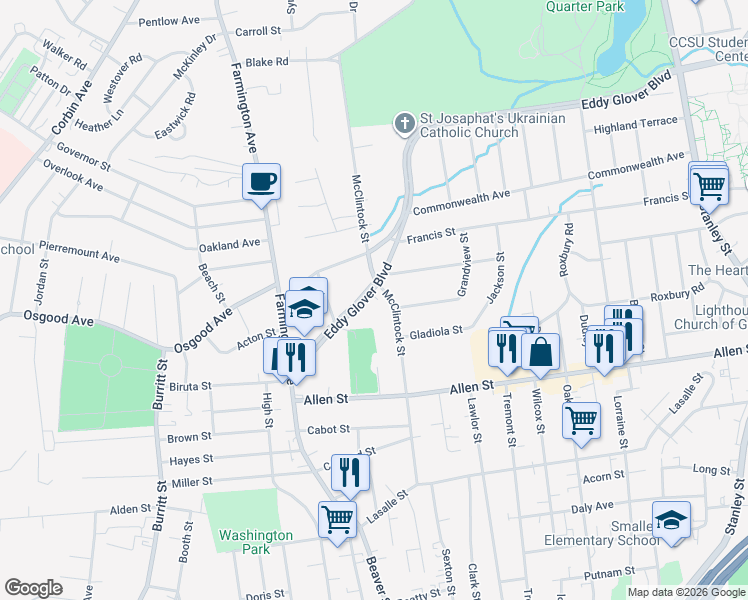 map of restaurants, bars, coffee shops, grocery stores, and more near 434 Eddy Glover Boulevard in New Britain