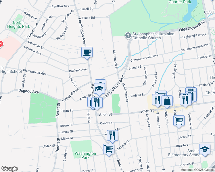map of restaurants, bars, coffee shops, grocery stores, and more near 103 Worthington Street in New Britain