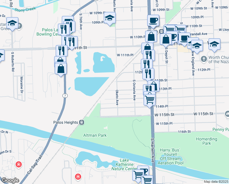 map of restaurants, bars, coffee shops, grocery stores, and more near 7407 West 113th Place in Worth