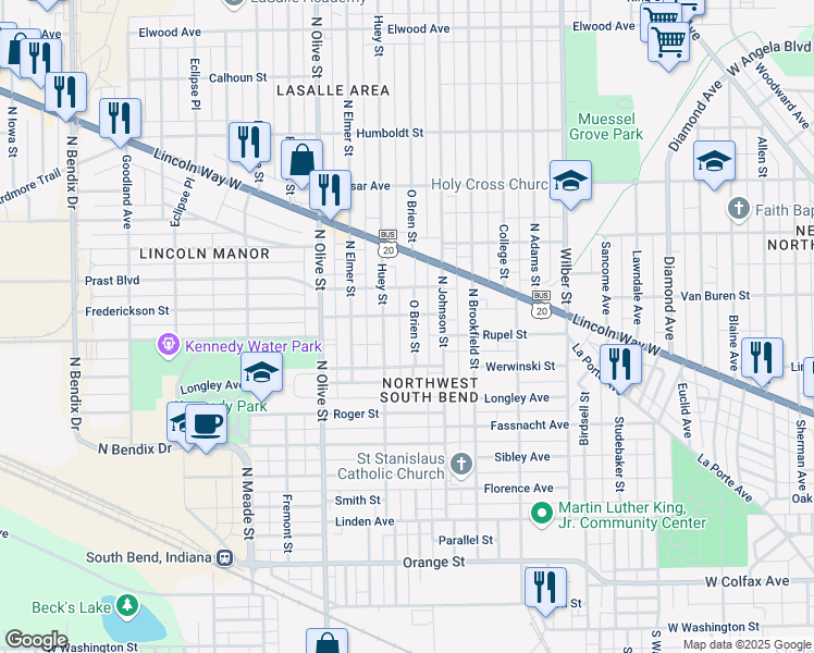 map of restaurants, bars, coffee shops, grocery stores, and more near 727 O Brien Street in South Bend