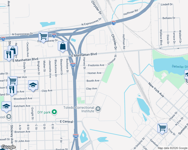 map of restaurants, bars, coffee shops, grocery stores, and more near 1842 Homer Ave in Toledo