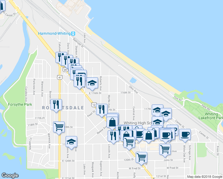 map of restaurants, bars, coffee shops, grocery stores, and more near 1543 Myrtle Avenue in Whiting