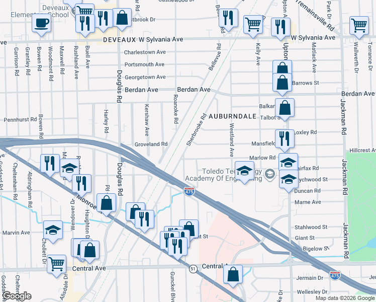 map of restaurants, bars, coffee shops, grocery stores, and more near 3610 Sherbrooke Road in Toledo