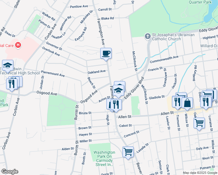 map of restaurants, bars, coffee shops, grocery stores, and more near 272 Farmington Avenue in New Britain