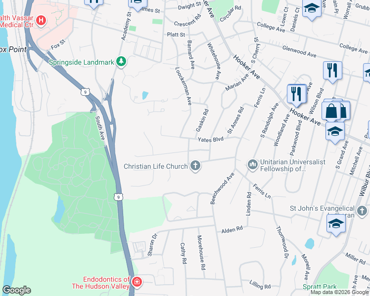 map of restaurants, bars, coffee shops, grocery stores, and more near 15 Seaman Road in Poughkeepsie