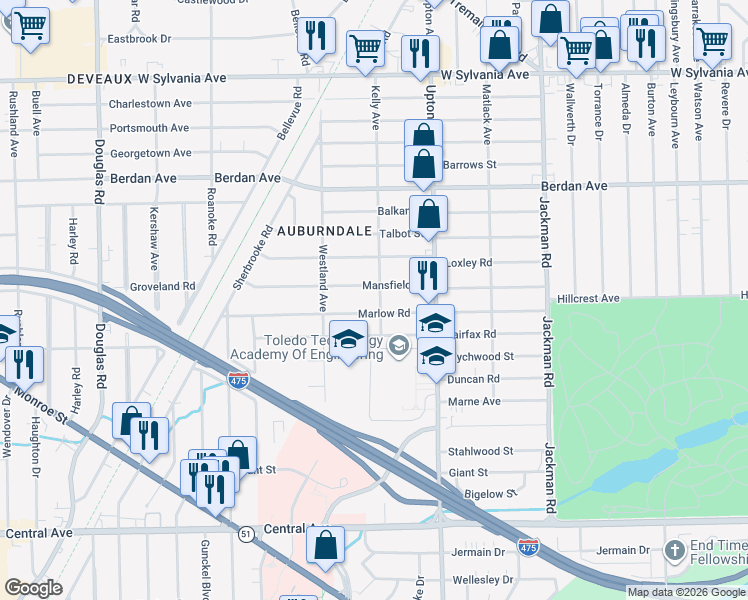map of restaurants, bars, coffee shops, grocery stores, and more near 3513 Kelley Ave in Toledo