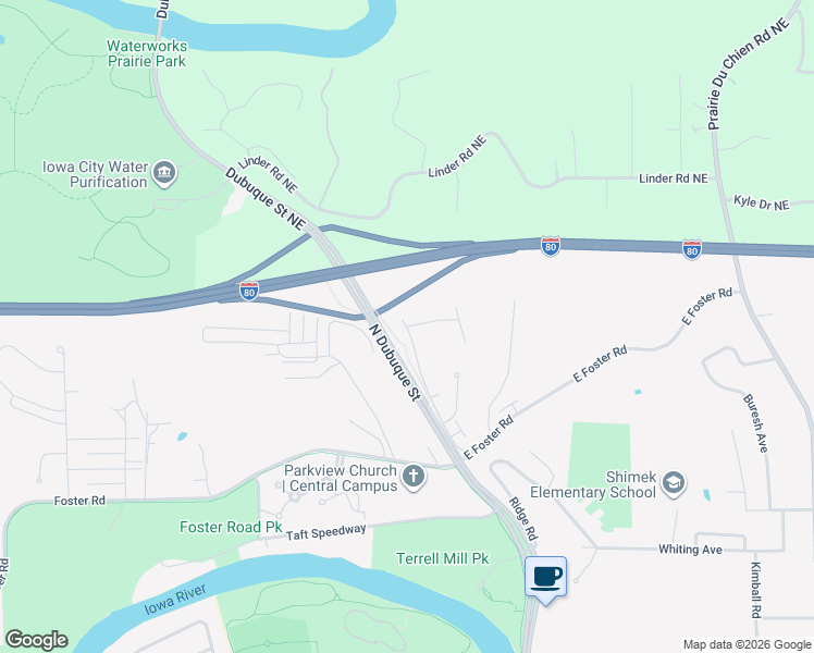 map of restaurants, bars, coffee shops, grocery stores, and more near 1 Ventura Avenue in Iowa City