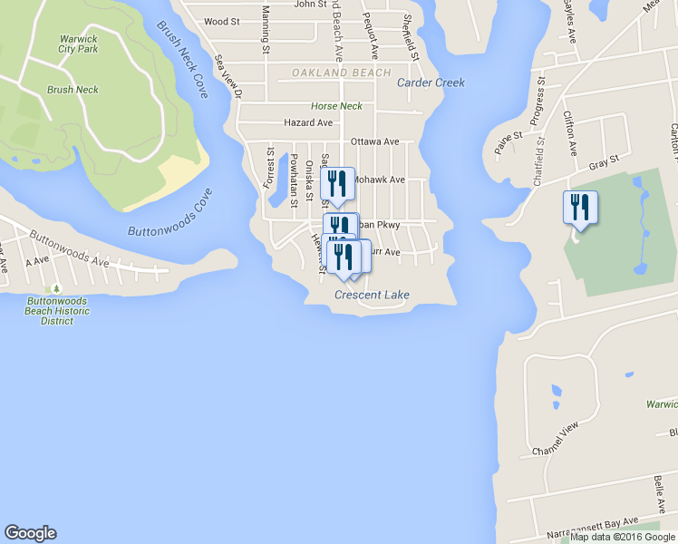 map of restaurants, bars, coffee shops, grocery stores, and more near 875 Oakland Beach Avenue in Warwick