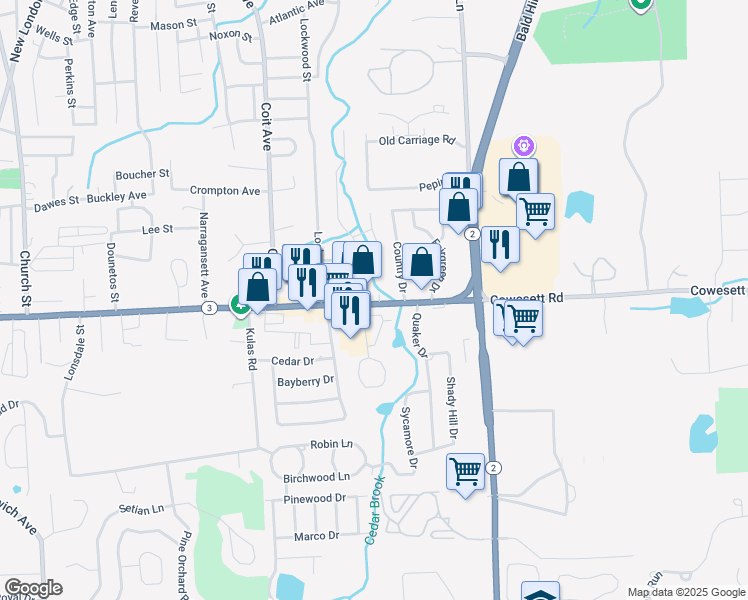 map of restaurants, bars, coffee shops, grocery stores, and more near 294 Cowesett Avenue in West Warwick