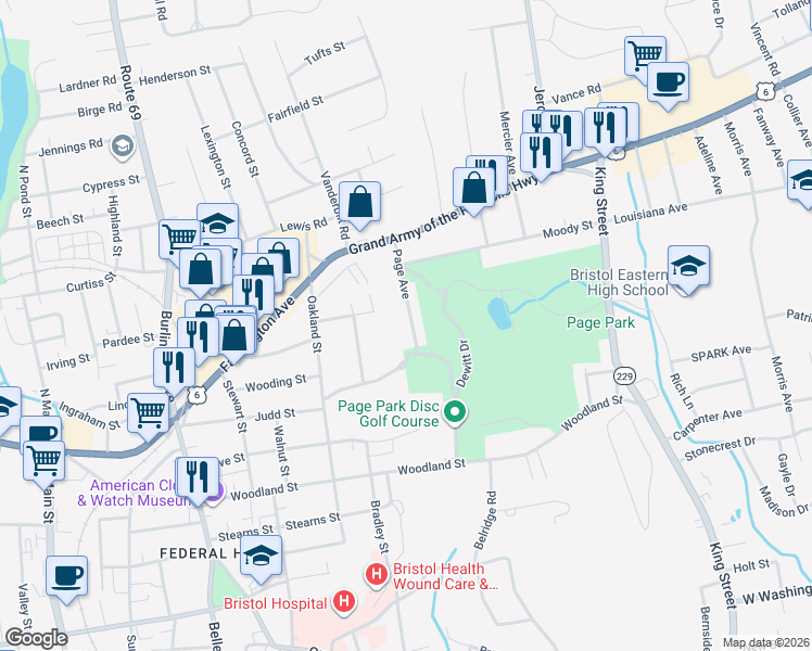 map of restaurants, bars, coffee shops, grocery stores, and more near 92 Page Avenue in Bristol