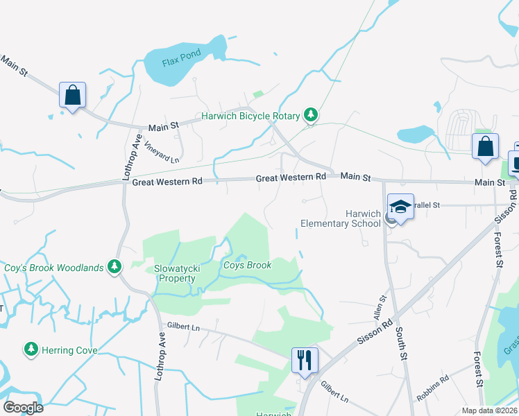 map of restaurants, bars, coffee shops, grocery stores, and more near 4 Bassett Woods Road in Harwich