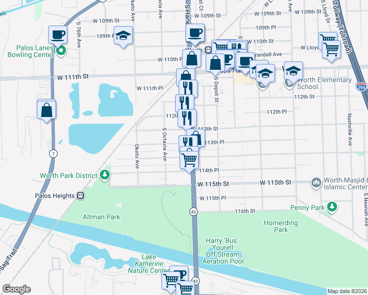 map of restaurants, bars, coffee shops, grocery stores, and more near 7215 West 113th Place in Worth