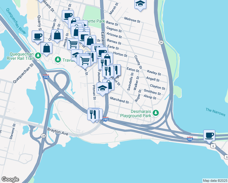 map of restaurants, bars, coffee shops, grocery stores, and more near 76 Holden Street in Fall River
