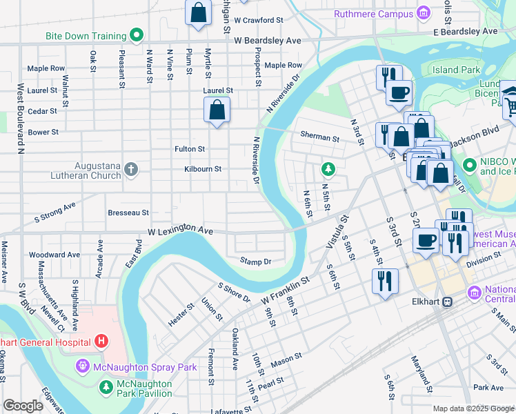 map of restaurants, bars, coffee shops, grocery stores, and more near 123 South Riverside Drive in Elkhart