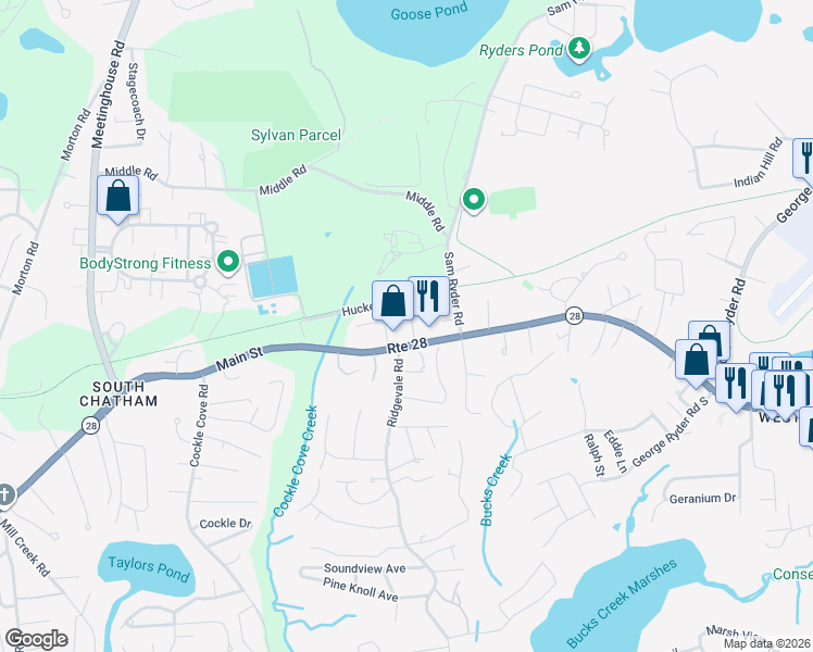 map of restaurants, bars, coffee shops, grocery stores, and more near 10 Ridge Cove Lane in Chatham