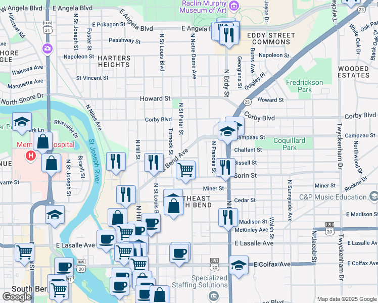 map of restaurants, bars, coffee shops, grocery stores, and more near 820 South Bend Avenue in South Bend