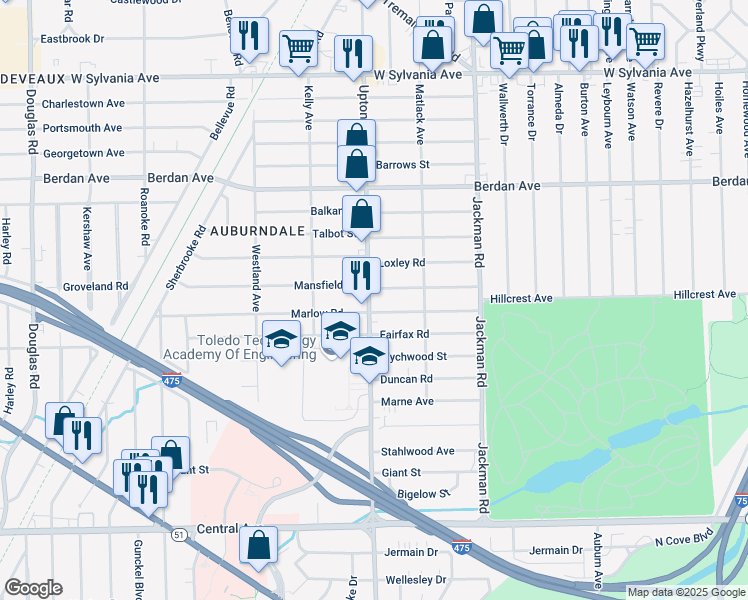 map of restaurants, bars, coffee shops, grocery stores, and more near 3514 Upton Avenue in Toledo