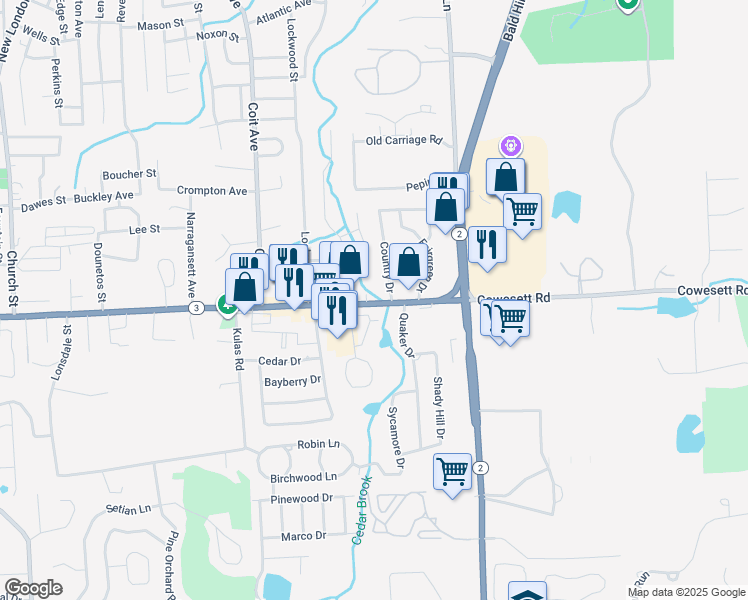 map of restaurants, bars, coffee shops, grocery stores, and more near 294 Cowesett Avenue in West Warwick