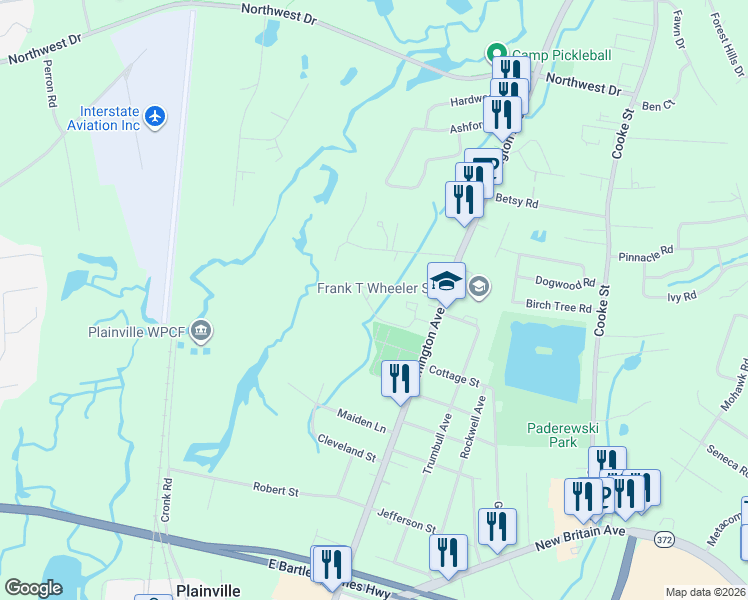 map of restaurants, bars, coffee shops, grocery stores, and more near 2-12 West Pine Way in Plainville