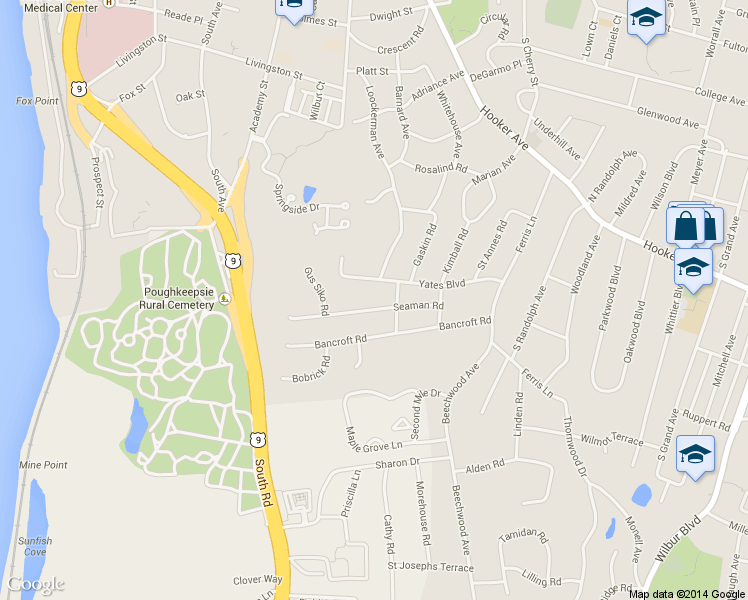 map of restaurants, bars, coffee shops, grocery stores, and more near 15 Seaman Road in Poughkeepsie