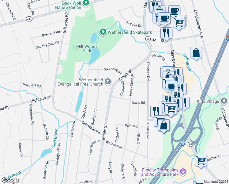 map of restaurants, bars, coffee shops, grocery stores, and more near 527 Maple Street in Wethersfield