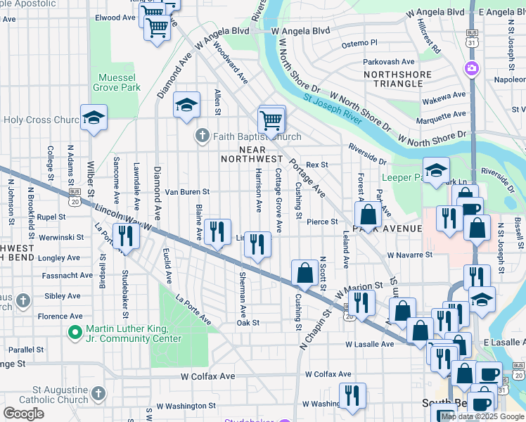 map of restaurants, bars, coffee shops, grocery stores, and more near 730 Harrison Avenue in South Bend