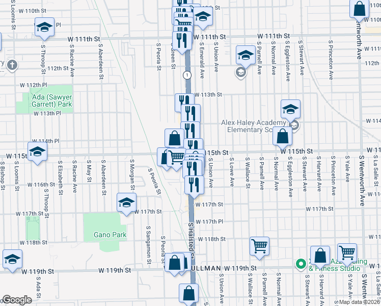 map of restaurants, bars, coffee shops, grocery stores, and more near Highway 1 in Chicago