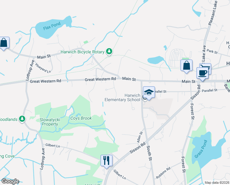 map of restaurants, bars, coffee shops, grocery stores, and more near 29 Rocky Way in Harwich
