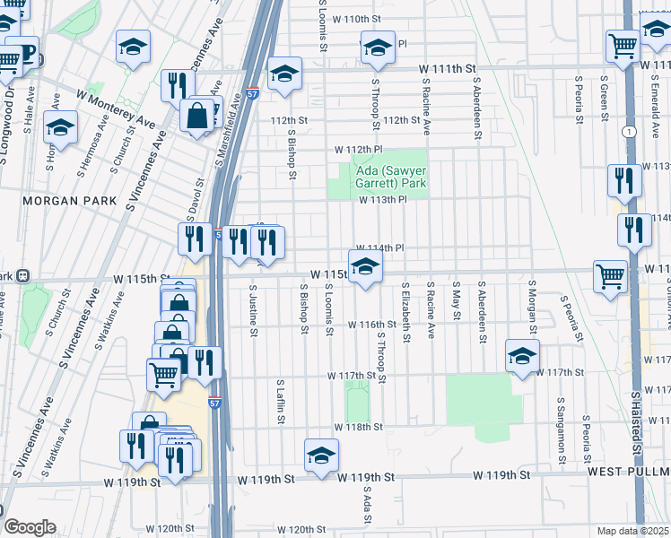 map of restaurants, bars, coffee shops, grocery stores, and more near 1354 West 115th Street in Chicago