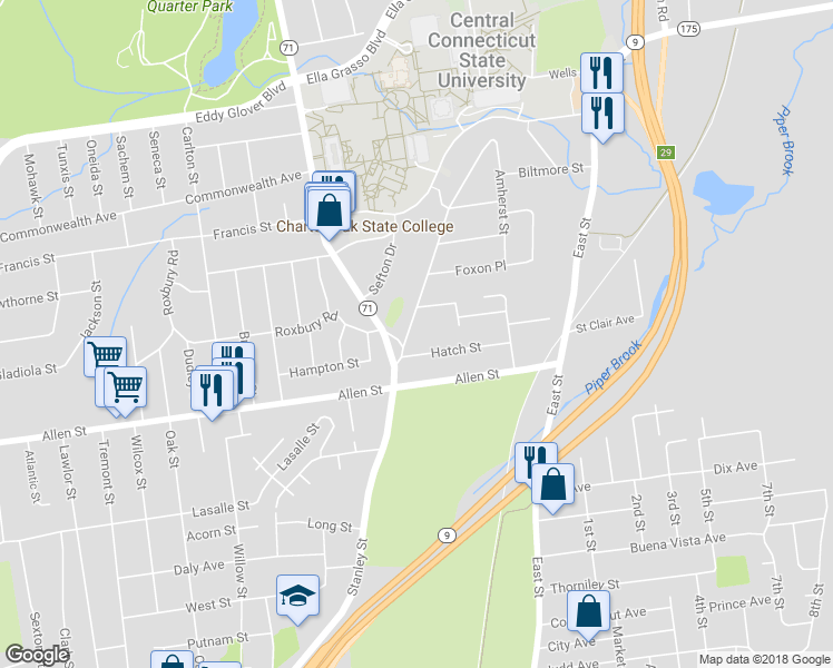 map of restaurants, bars, coffee shops, grocery stores, and more near 21 Hillcrest Avenue in New Britain