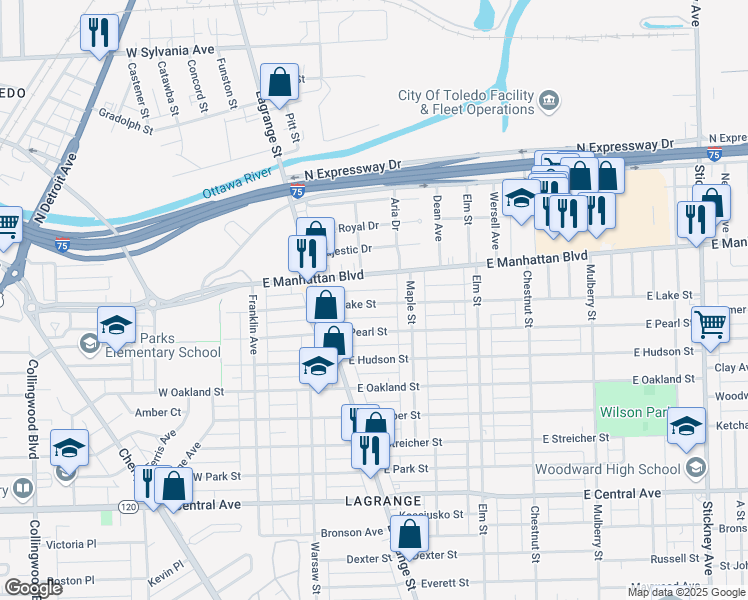 map of restaurants, bars, coffee shops, grocery stores, and more near 263 East Lake Street in Toledo