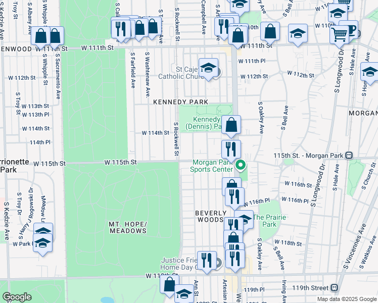 map of restaurants, bars, coffee shops, grocery stores, and more near 11445 South Rockwell Street in Chicago