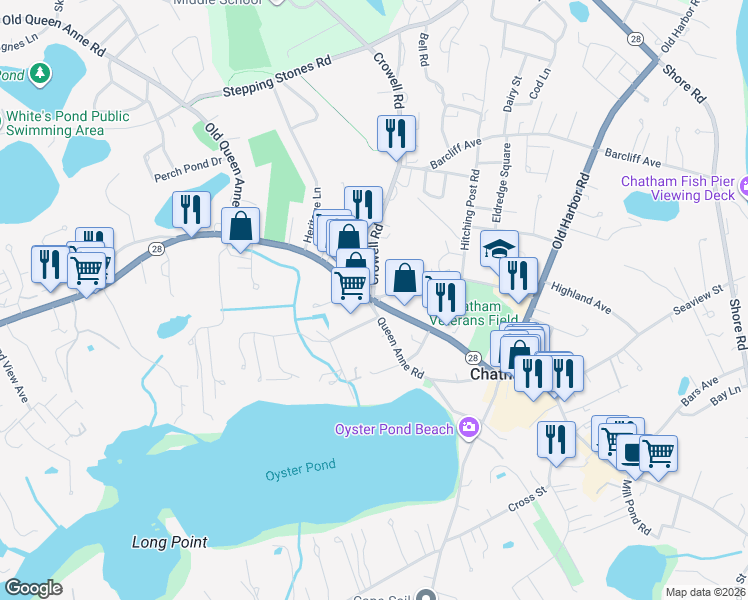 map of restaurants, bars, coffee shops, grocery stores, and more near 840 Main Street in Chatham