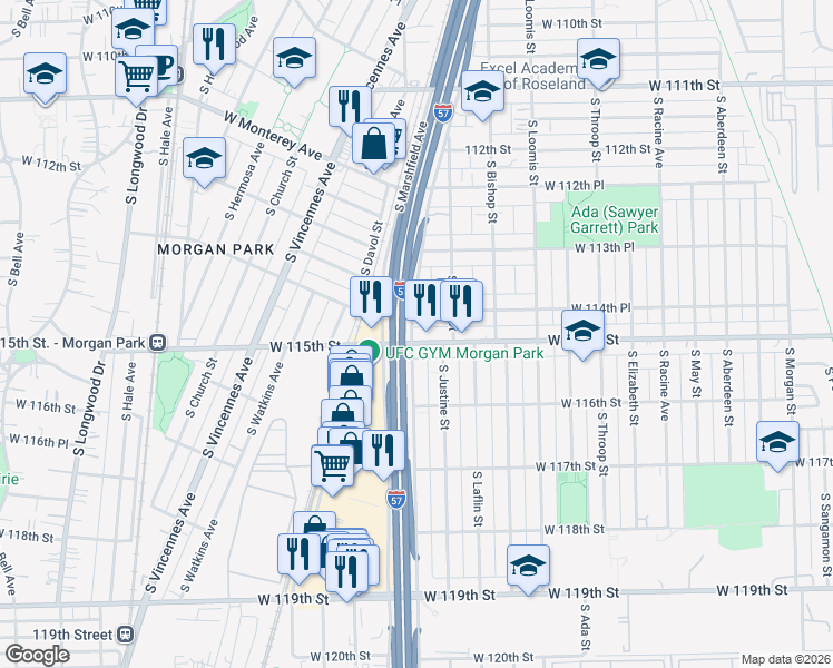 map of restaurants, bars, coffee shops, grocery stores, and more near 1568 West 115th Street in Chicago