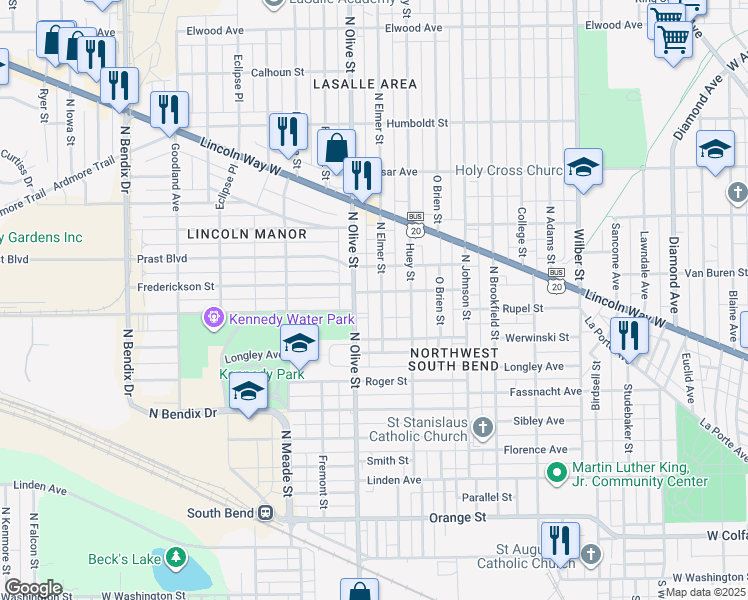 map of restaurants, bars, coffee shops, grocery stores, and more near 753 North Elmer Street in South Bend