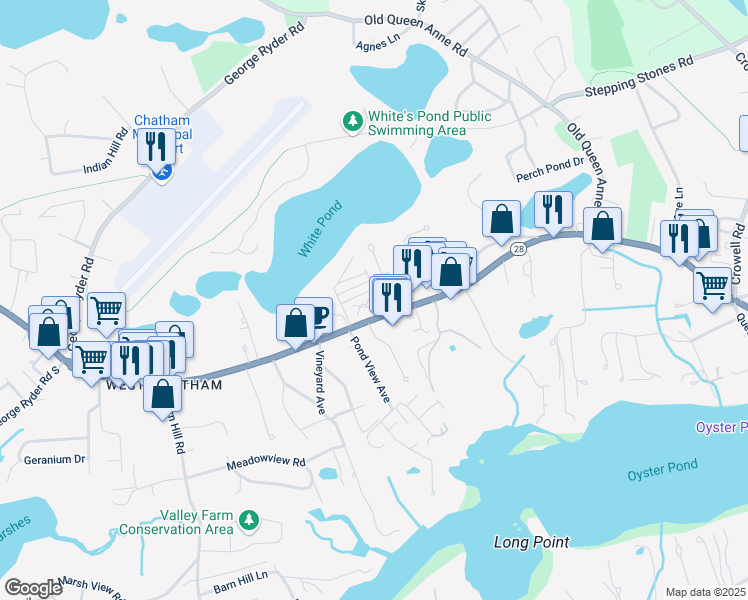 map of restaurants, bars, coffee shops, grocery stores, and more near 5 Captain's Row East in Chatham