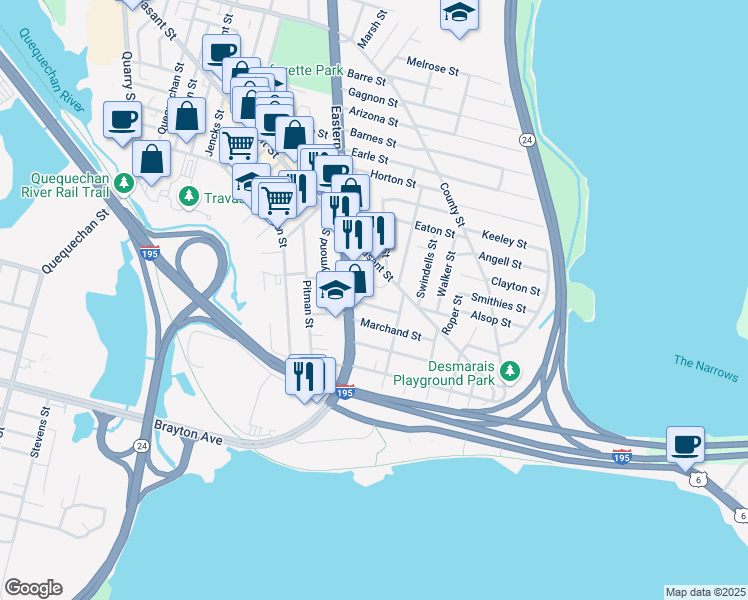 map of restaurants, bars, coffee shops, grocery stores, and more near 76 Holden Street in Fall River