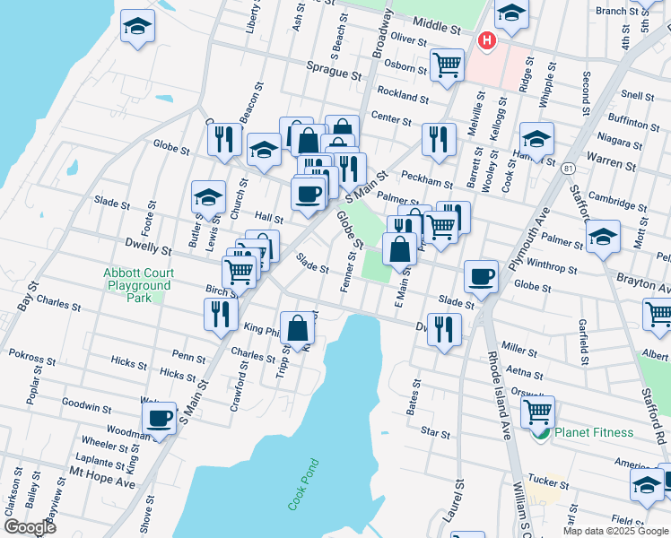 map of restaurants, bars, coffee shops, grocery stores, and more near 878 Slade Street in Fall River