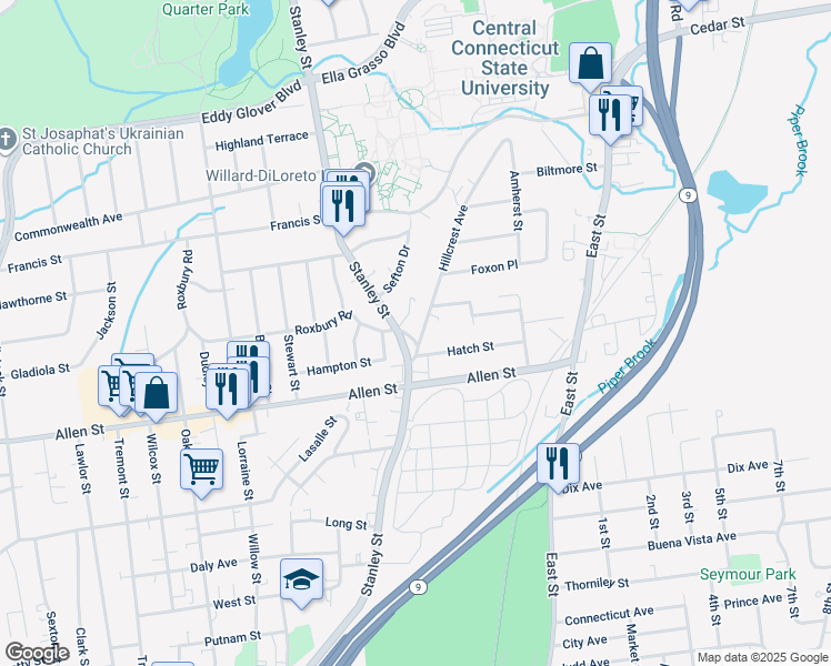 map of restaurants, bars, coffee shops, grocery stores, and more near 10 Roxbury Road in New Britain
