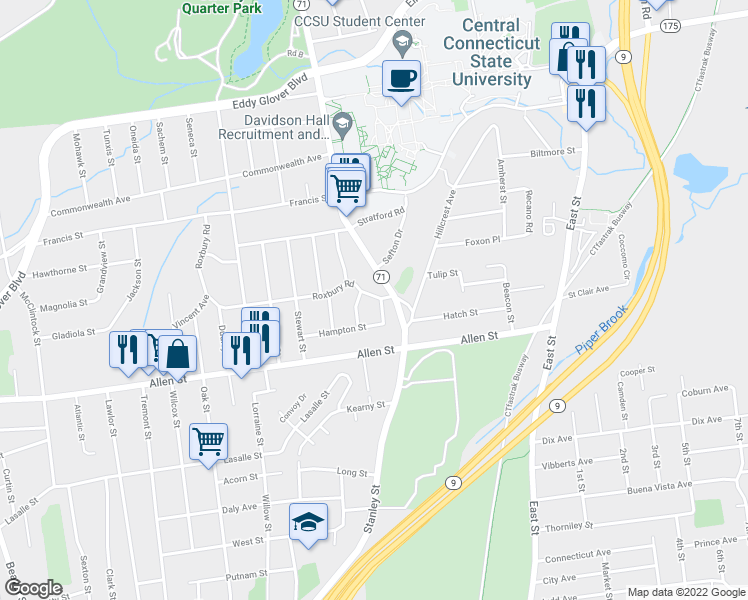 map of restaurants, bars, coffee shops, grocery stores, and more near 12 Eton Place in New Britain