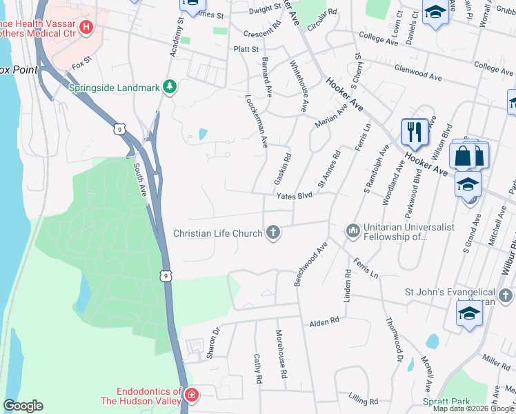 map of restaurants, bars, coffee shops, grocery stores, and more near 15 Seaman Road in Poughkeepsie