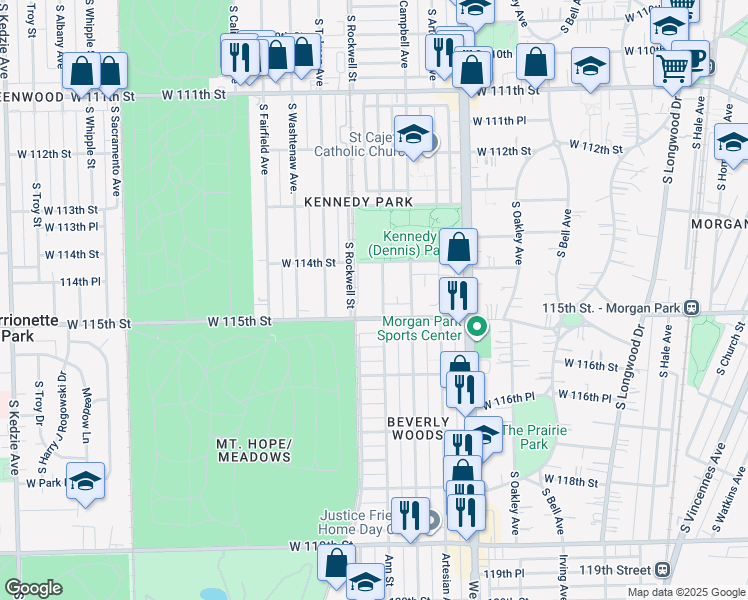 map of restaurants, bars, coffee shops, grocery stores, and more near 11445 South Rockwell Street in Chicago