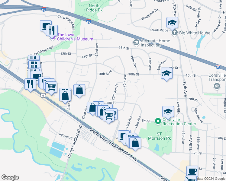 map of restaurants, bars, coffee shops, grocery stores, and more near 908 20th Avenue Place in Coralville