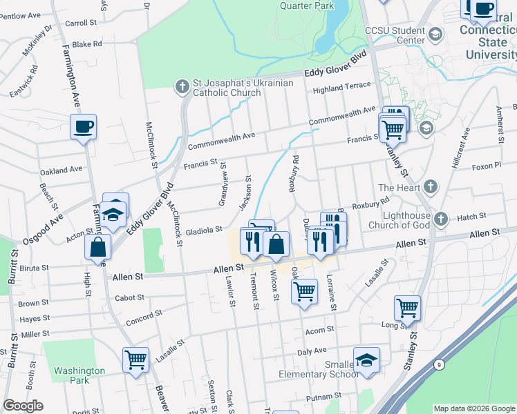 map of restaurants, bars, coffee shops, grocery stores, and more near 106 Derby Street in New Britain