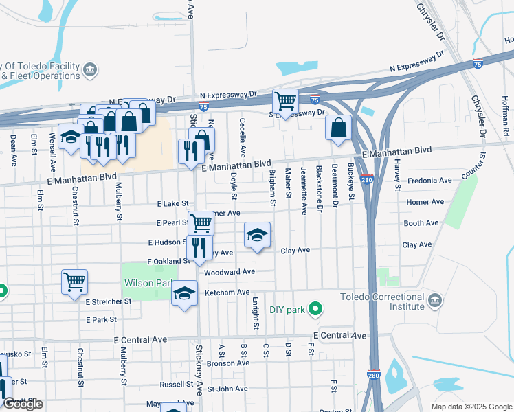 map of restaurants, bars, coffee shops, grocery stores, and more near 1025 Homer Avenue in Toledo