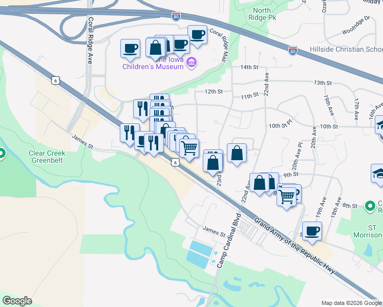 map of restaurants, bars, coffee shops, grocery stores, and more near 936A Boston Way in Coralville