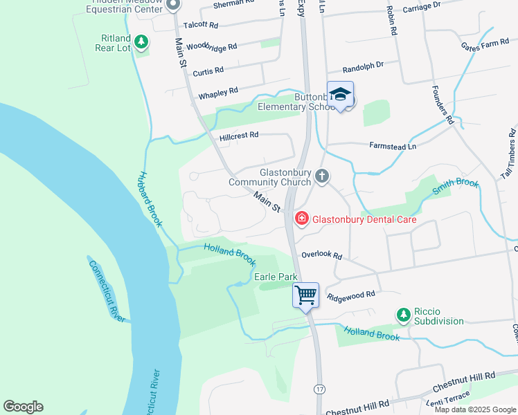 map of restaurants, bars, coffee shops, grocery stores, and more near 20 Hollister Way North in Glastonbury