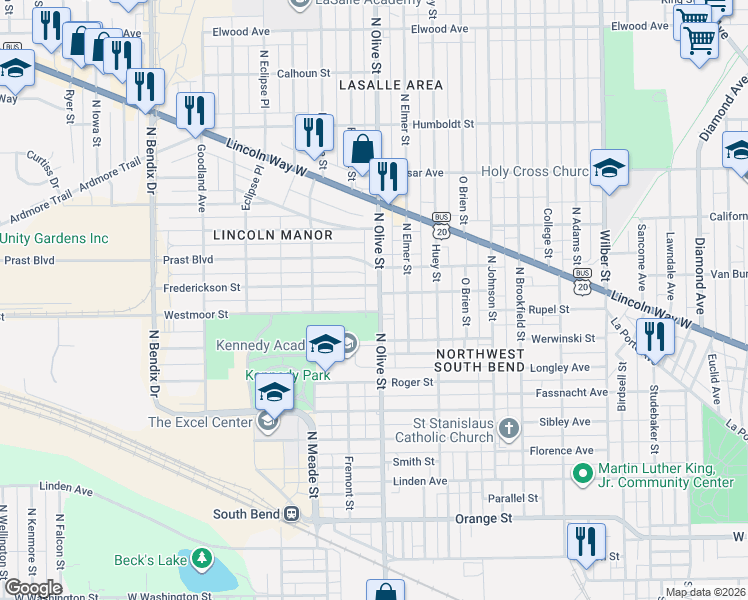 map of restaurants, bars, coffee shops, grocery stores, and more near 2417 Westmoor Street in South Bend
